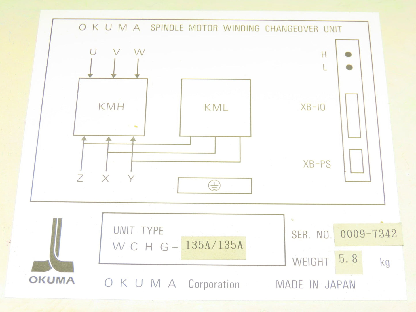 Okuma WCHG-135A/135A Spindle Motor Winding Change Over Unit 120V Coil