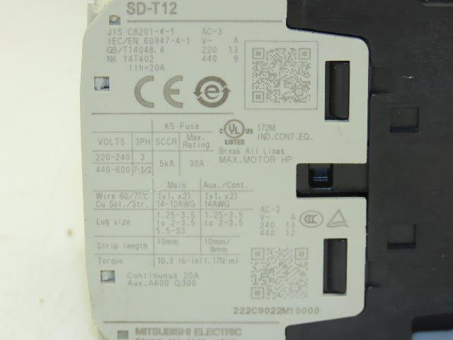 Mitsubishi Electric SD-T12 Motor Starter 7.5Hp 600V 3Ph 20A 14-12 AWG Lot of 7
