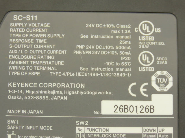 Keyence SC-S11 Safety Controller Relay 24VDC 25ms