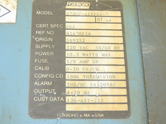 Foxboro 41670F16 Electrochemical Contacting Conductivity Analyzer 873CC-AIYFGZ
