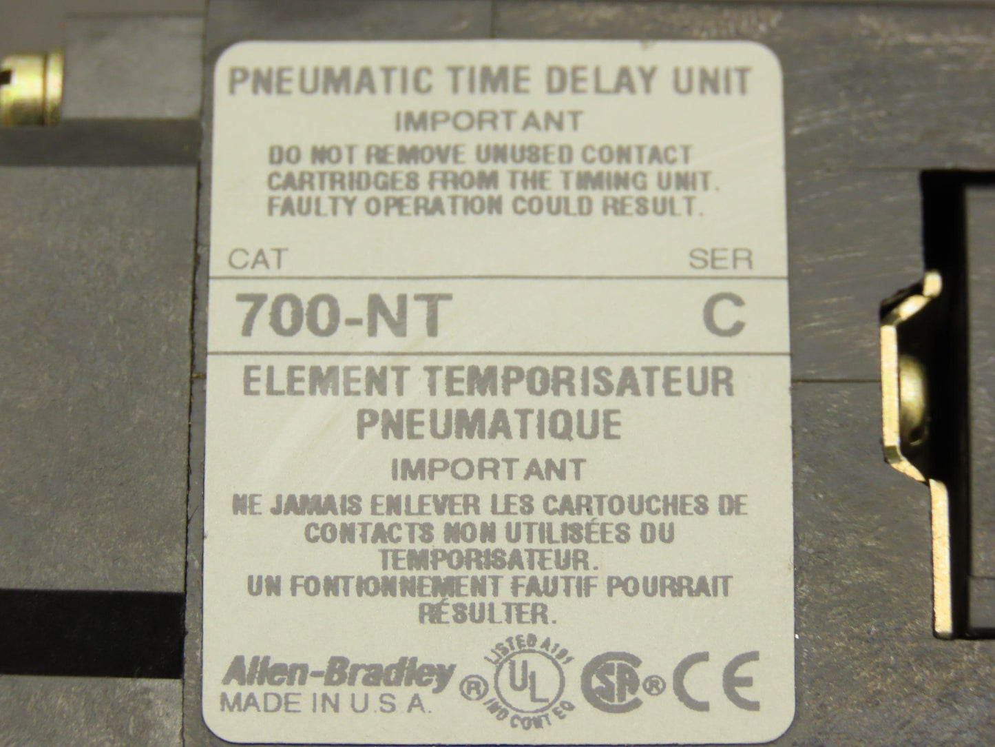 Allen Bradley 700-NT210X31 Pneumatic Time Delay Relay Complete Assembly Ser C