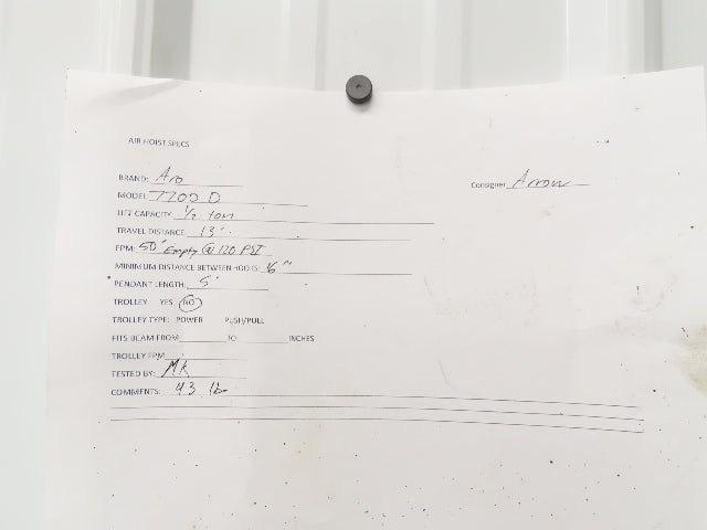 Aro 7700D 1/2 Ton 1000LB Pneumatic Air Chain Hoist 13' Lift 5' Pull Chain