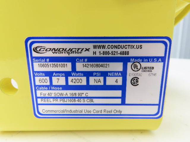 Conductix Wampfler 142160804021 40' Power Cable Spring Reel 10C 16AWG Cord 600V