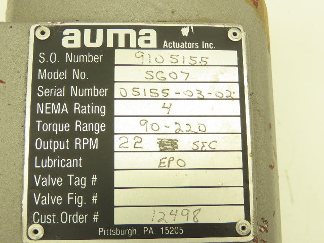 AUMA 9105155 SG07 Valve Actuator 1/2" NPT No motor