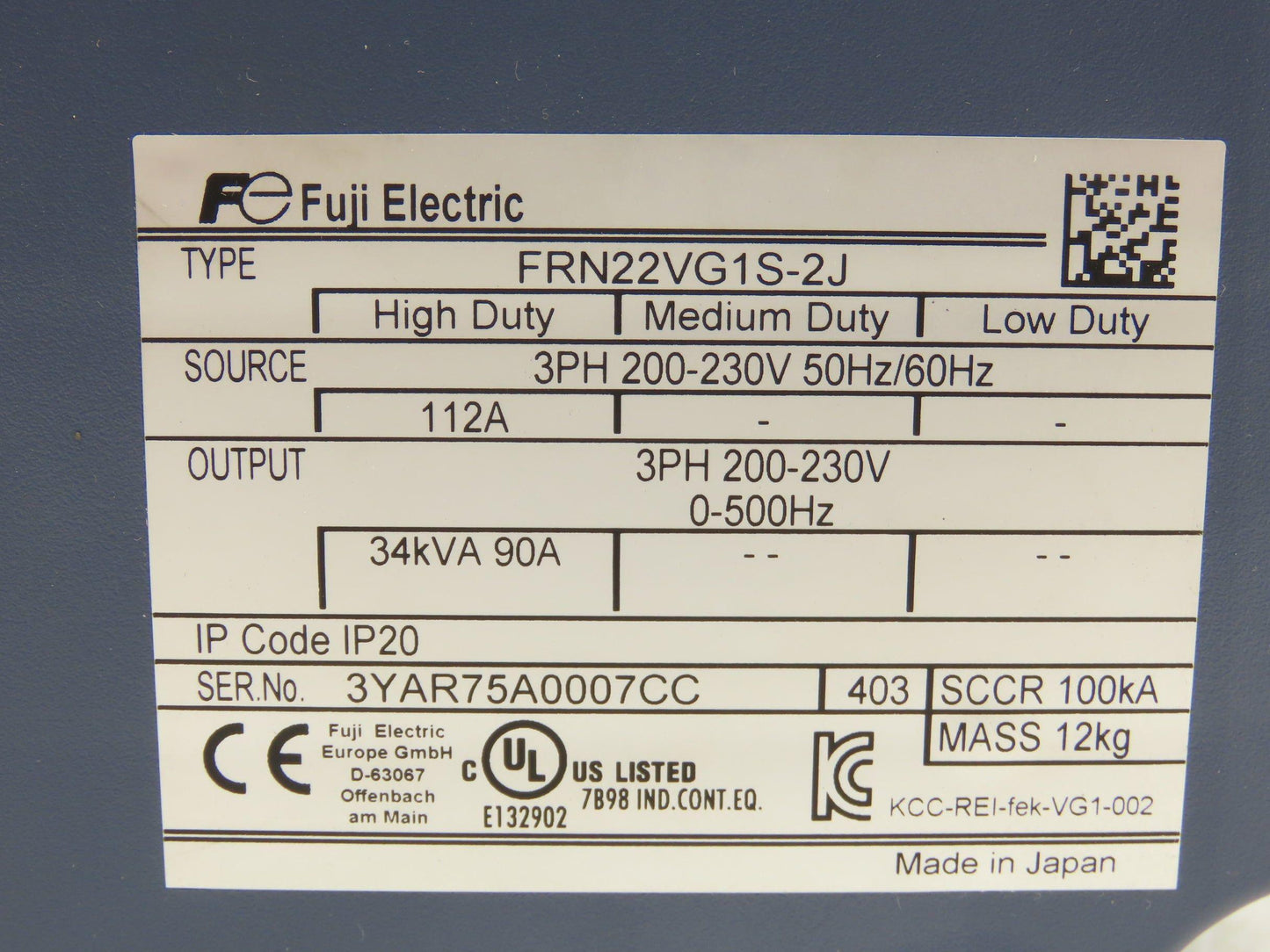 Fuji Electric FRN22VG1S-2J Frenic-VG VFD AC Drive 3Ph 230V 90A 500Hz 30Hp 34kVA