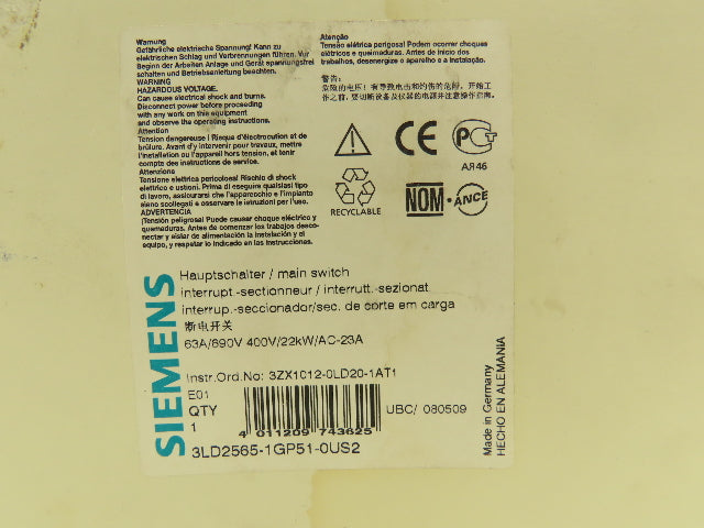 Siemens 3LD2565-1GP51-0US2 Rotary Disconnect Switch 63A 600VAC