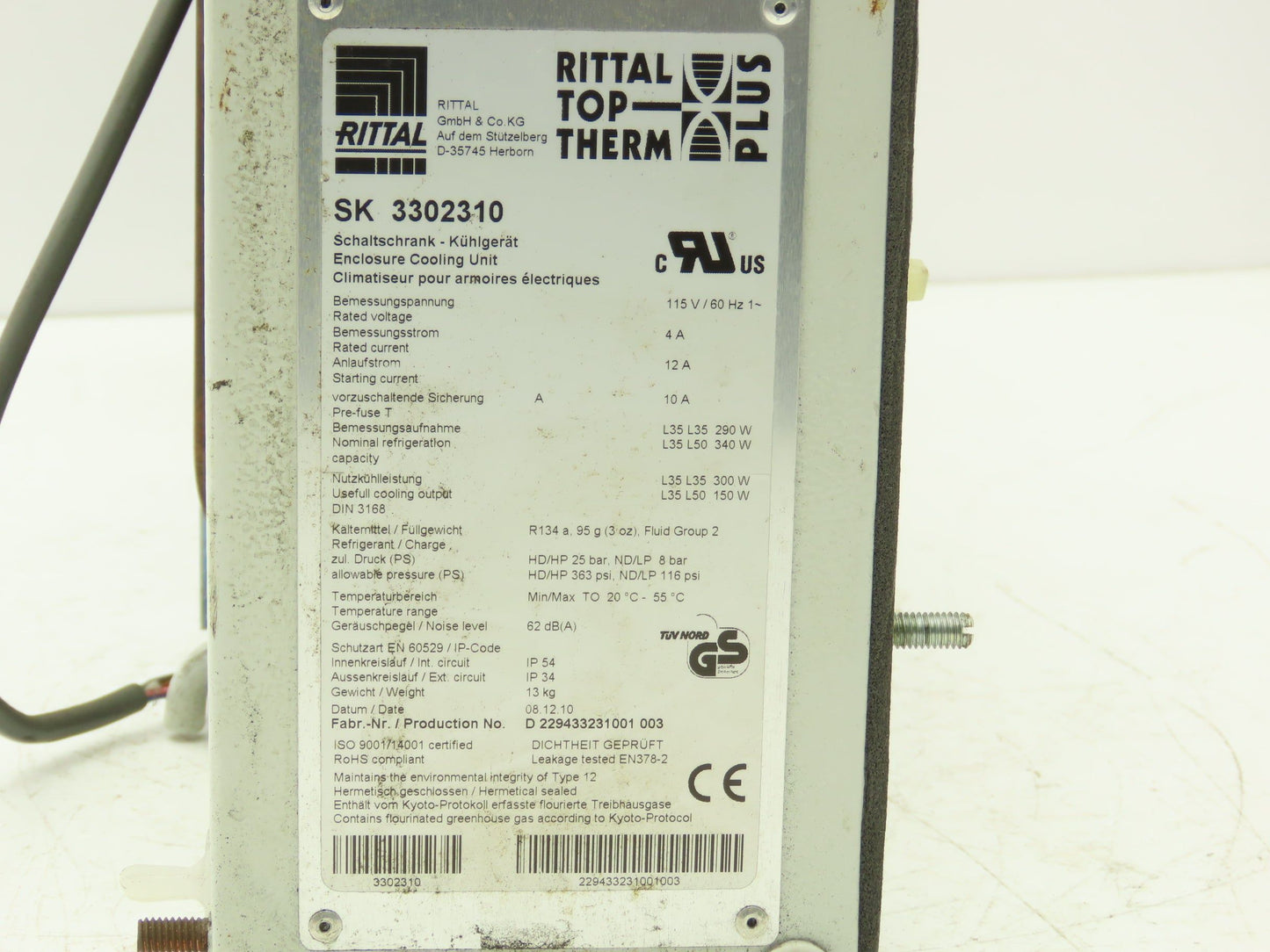 Rittal SK 3302310 Enclosure Cooling Unit 115VAC 4A 1296 BTU Wall Mounted*READ