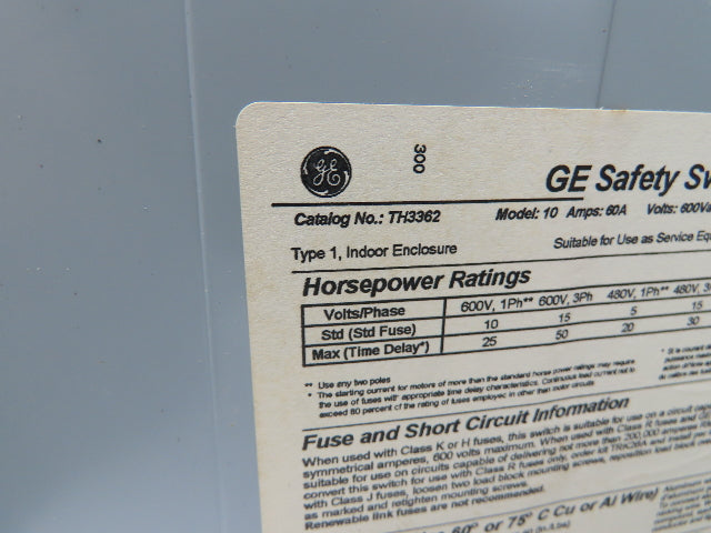 General Electric TH3362 GE Safety Disconnect Switch Fused 60A 600VAC Lot of 2