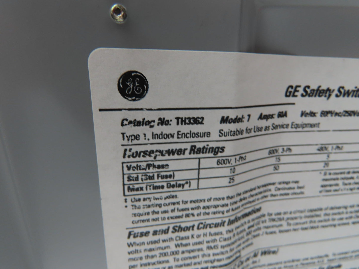 General Electric TH3362 GE Safety Disconnect Switch Fused 60A 600VAC Lot of 2