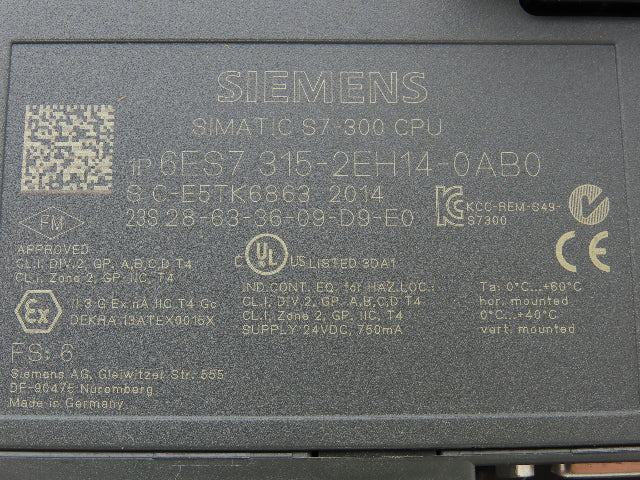 Siemens Simatic S7-300 CPU W/SD Card 2MB 6ES7953-8LG30-0AA0
