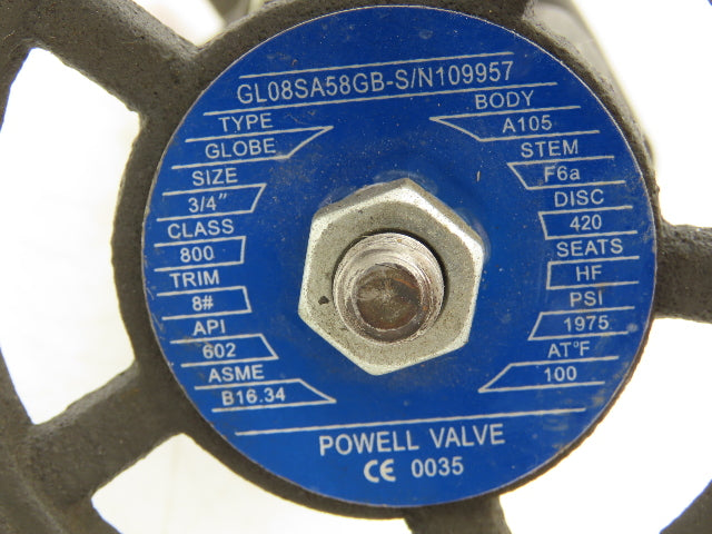 Powell GL08SA58GB Gate Valve 1975PSI 3/4" Socket Weld Steel Rising Stem #800
