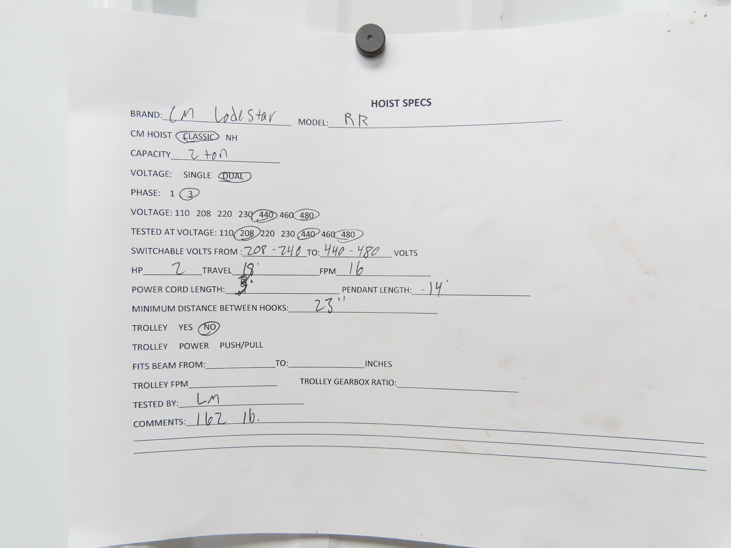 CM Lodestar RR 2 Ton Electric Chain Hoist 16 FPM 18' Lift 14' Pendant 230/460