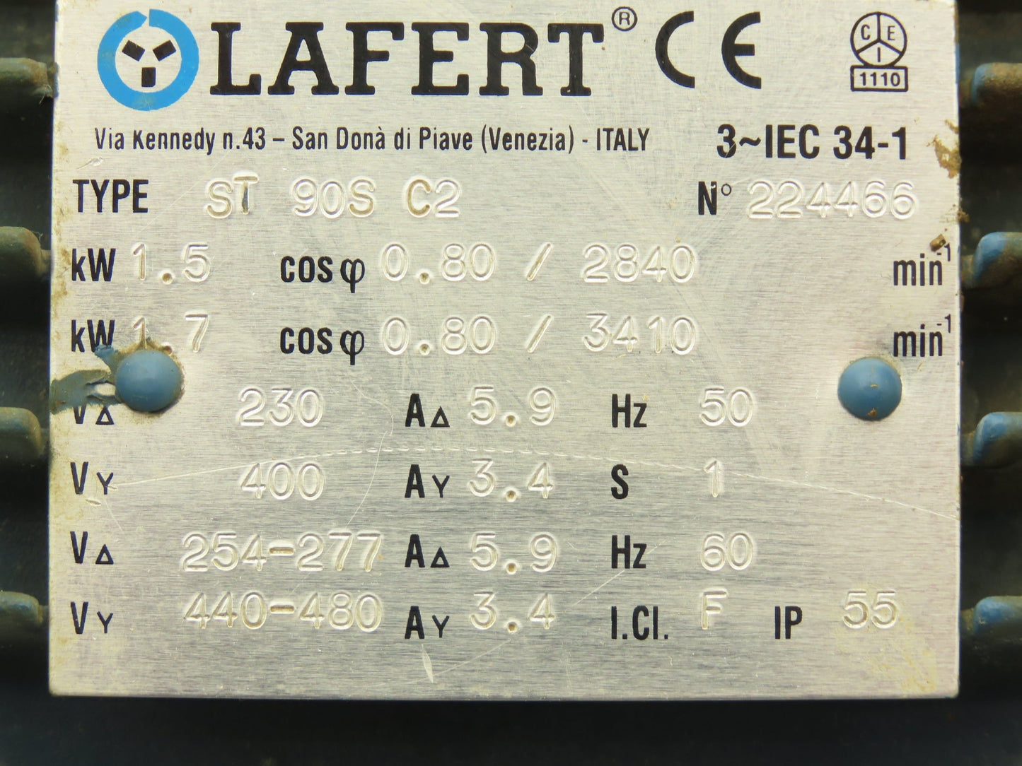 Lafert ST 90S C2 AC Motor 1.7kW 2840rpm 230/460v 3ph 90S TEFC