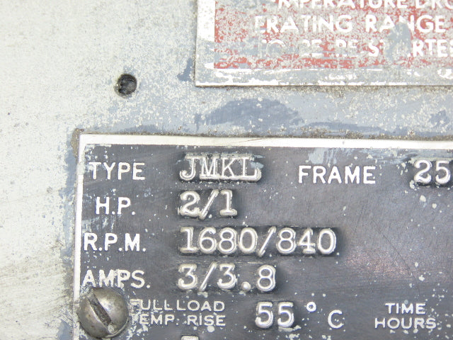 Louis Allis Type JMKL 2-Speed AC Motor 2/1Hp 1680/840 RPM 460V 3PH 254 Frame
