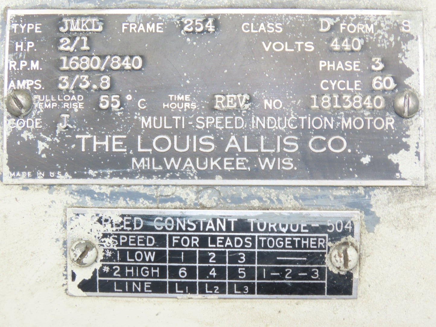 Louis Allis Type JMKL 2-Speed AC Motor 2/1Hp 1680/840 RPM 460V 3PH 254 Frame