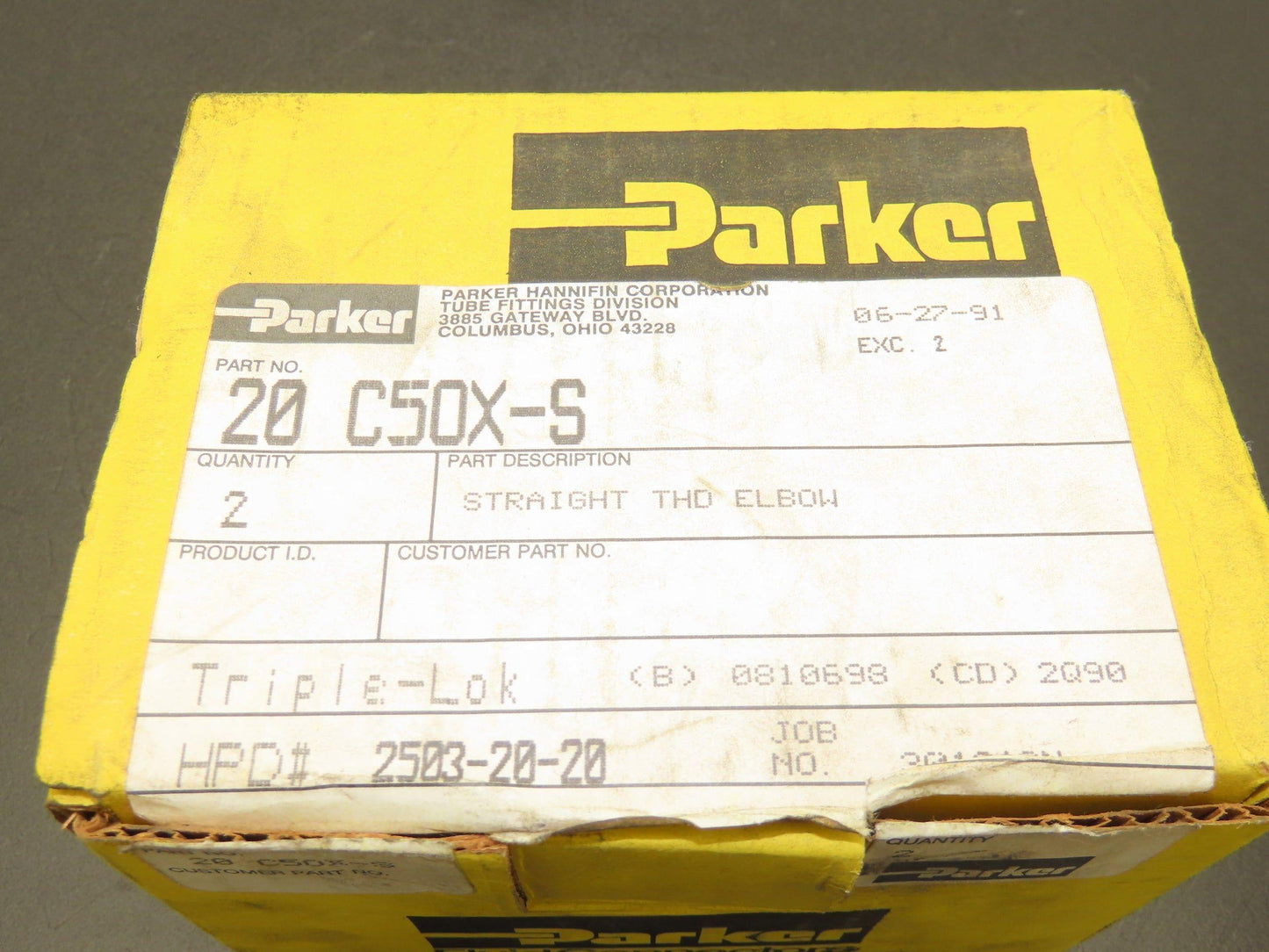 (2) Parker 20 C5OX-S 1-1/4"-20 Triplelok JIC 37° Straight THD 90° Elbow SAE-ORB