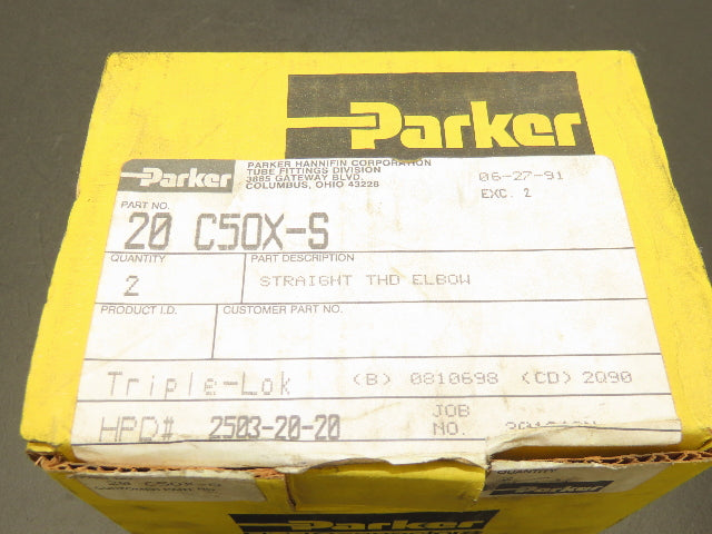 (2) Parker 20 C5OX-S 1-1/4"-20 Triplelok JIC 37° Straight THD 90° Elbow SAE-ORB