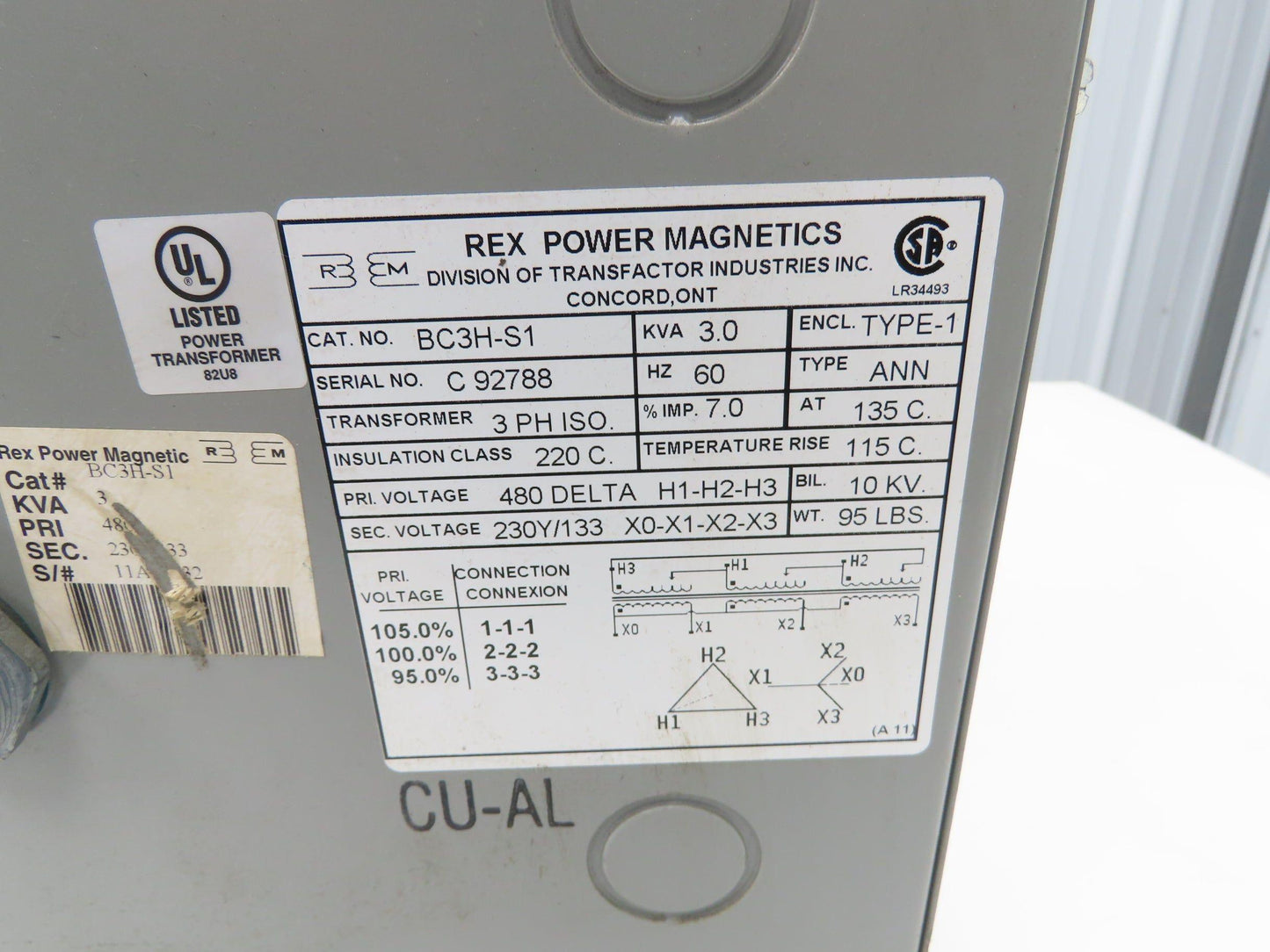 Rex Power Mag BC3H-S1 Stepdown Power Iso Transformer 3kva 3Ph HV 480D LV 230/133