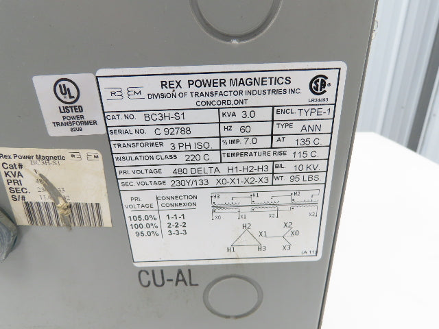 Rex Power Mag BC3H-S1 Stepdown Power Iso Transformer 3kva 3Ph HV 480D LV 230/133