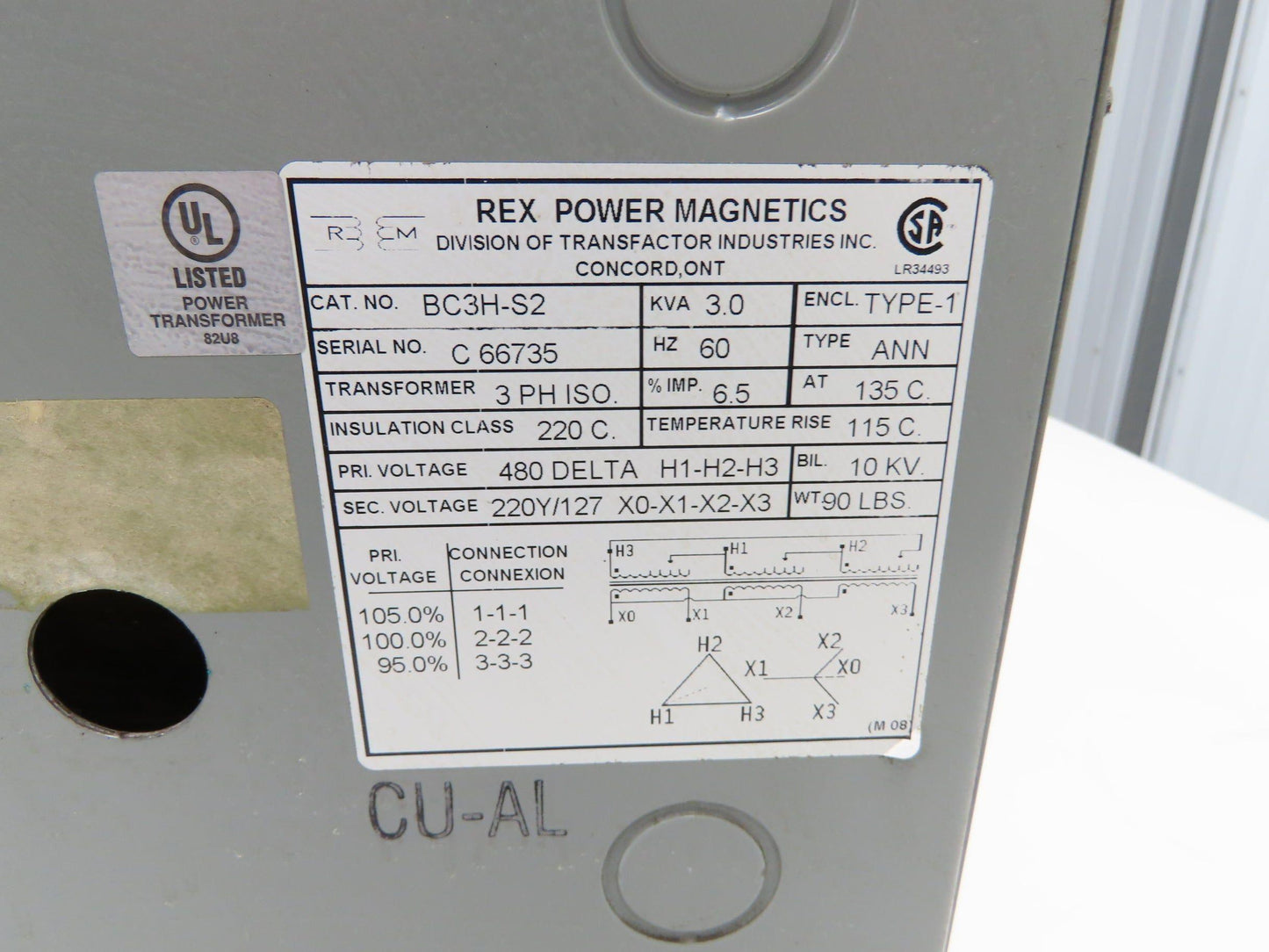 Rex Power Mag BC3H-S2 Stepdown Power Iso Transformer 3kva 3Ph HV 480D LV 220/127