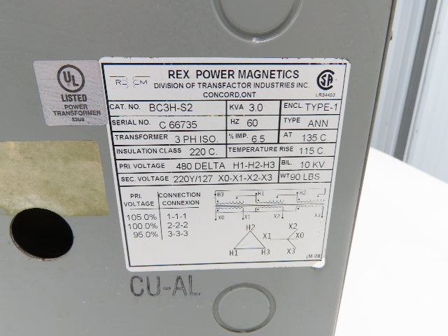 Rex Power Mag BC3H-S2 Stepdown Power Iso Transformer 3kva 3Ph HV 480D LV 220/127