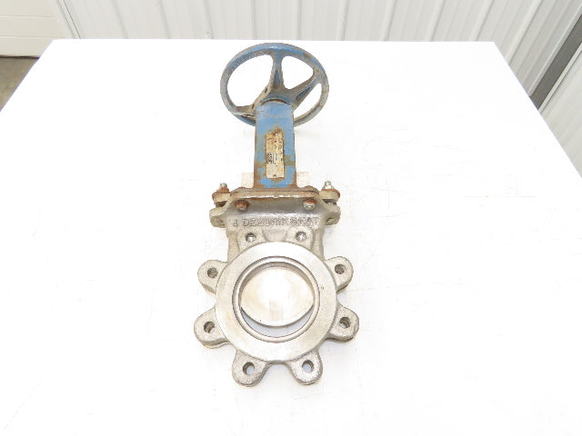 DeZurik 827 4" Stainless Lug Knife Gate Valve Rising Stem Metal Seat 316SS