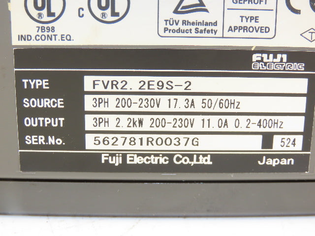 Fuji Electric FVR2.2E9S-2 VFD AC Drive 2.2kW 11A 400Hz Out 17.3A In 200-230V