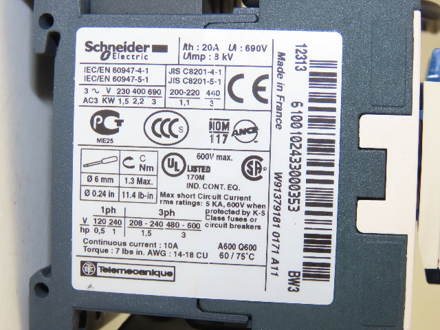 Schneider Electric LP5K0610BW3 Reversing Contactor 600V 3Ph 0.4-0.63A Coil 24VDC
