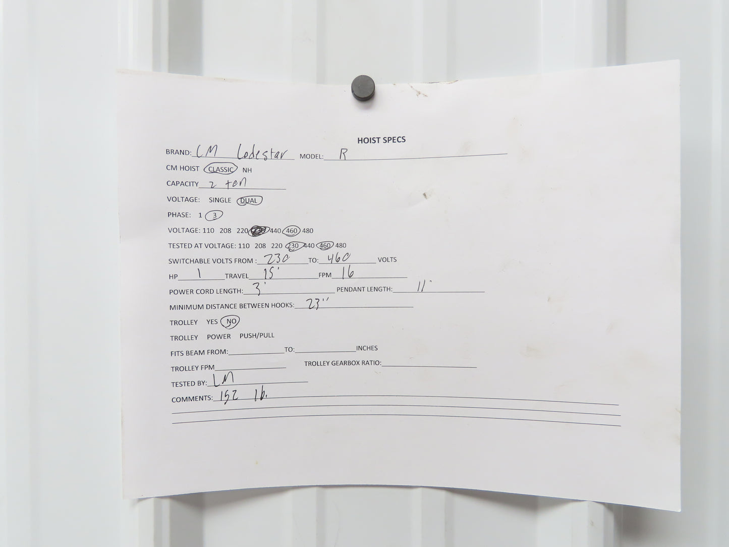 CM Lodestar R 2 Ton Electric Chain Hoist 8 FPM 15' Lift 11' Pendant 230/460 3 PH