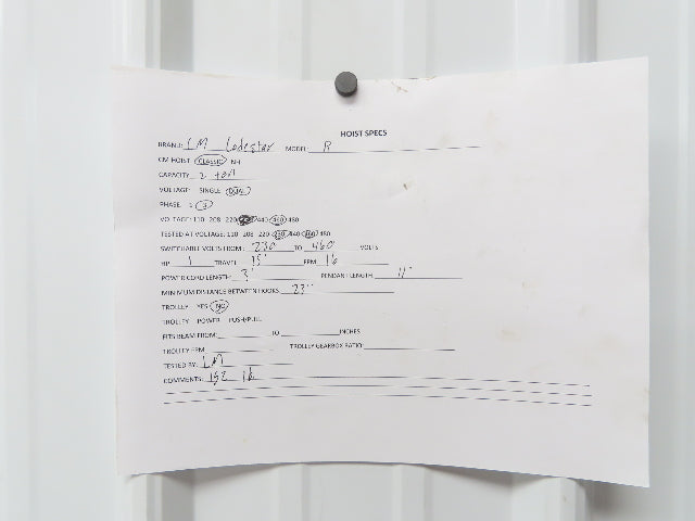 CM Lodestar R 2 Ton Electric Chain Hoist 8 FPM 15' Lift 11' Pendant 230/460 3 PH