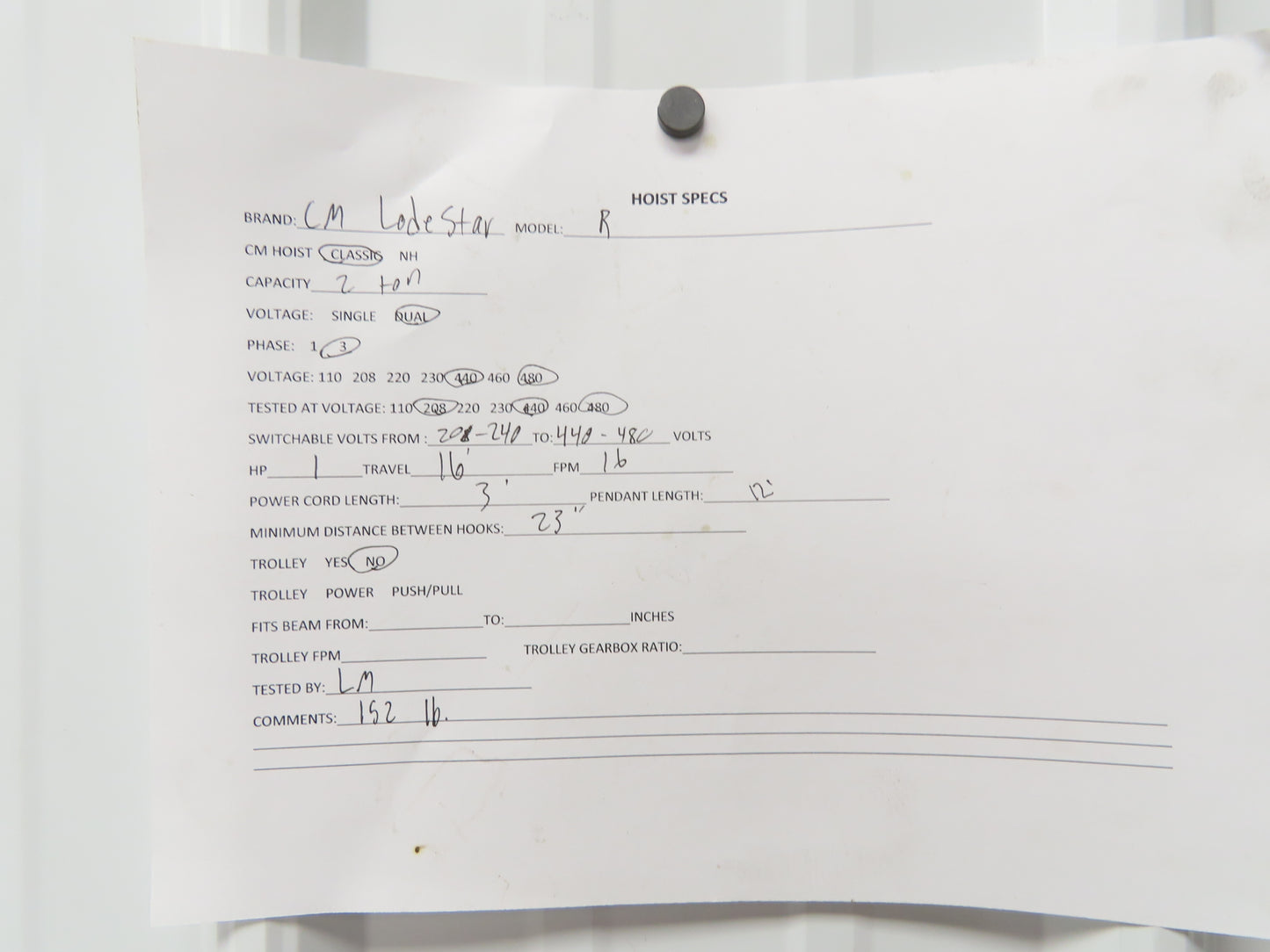 CM Lodestar R 2 Ton Electric Chain Hoist 8 FPM 16' Lift 12' Pendant 240/480 3 PH