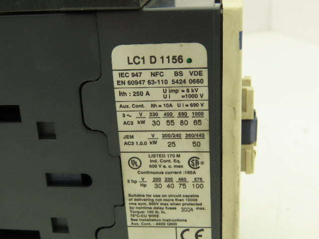 Telemecanique LC1D115 Motor Starter Contactor 250A 1000V 3 Pole 110V Coil