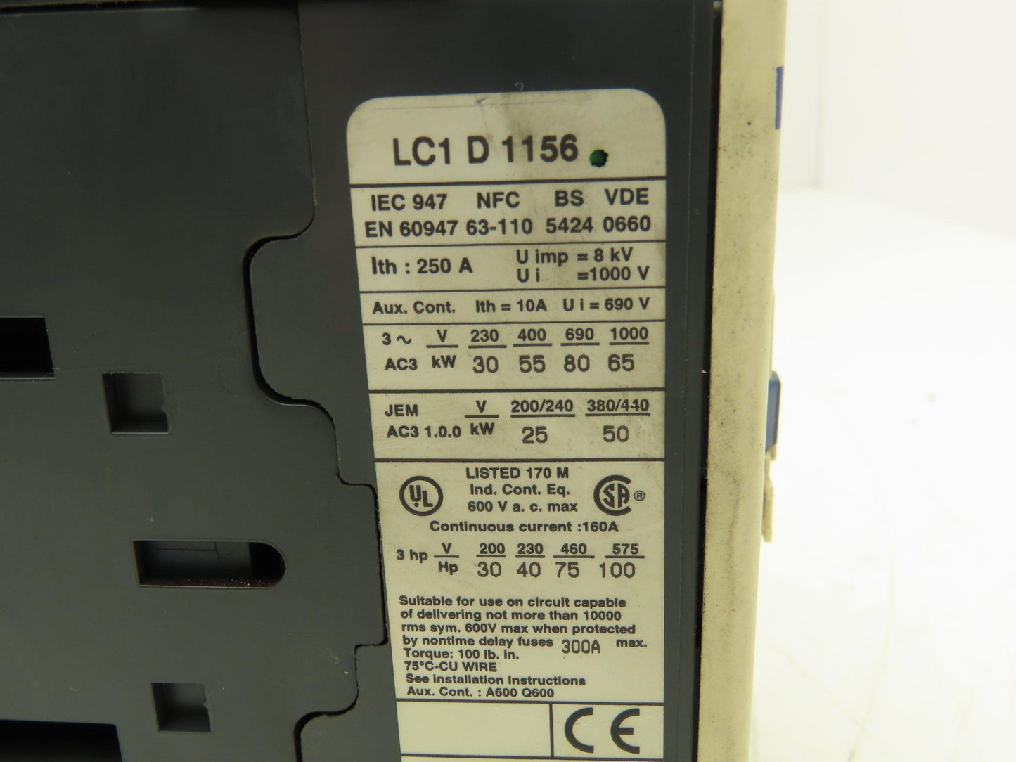 Telemecanique LC1D115 Motor Starter Contactor 250A 1000V 3 Pole 110V Coil
