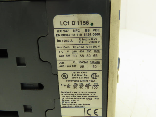 Telemecanique LC1D115 Motor Starter Contactor 250A 1000V 3 Pole 110V Coil