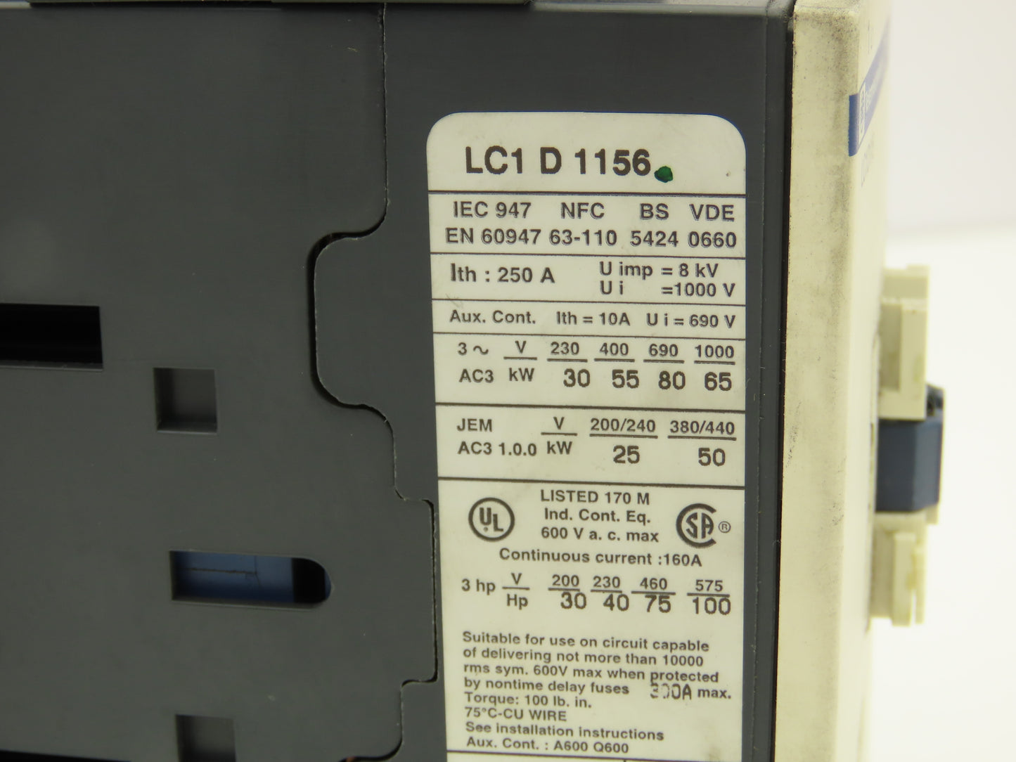Telemecanique LC1D115 Motor Starter Contactor 250A 1000V 3 Pole 110V Coil