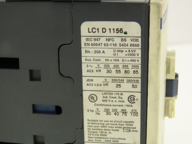 Telemecanique LC1D115 Motor Starter Contactor 250A 1000V 3 Pole 110V Coil