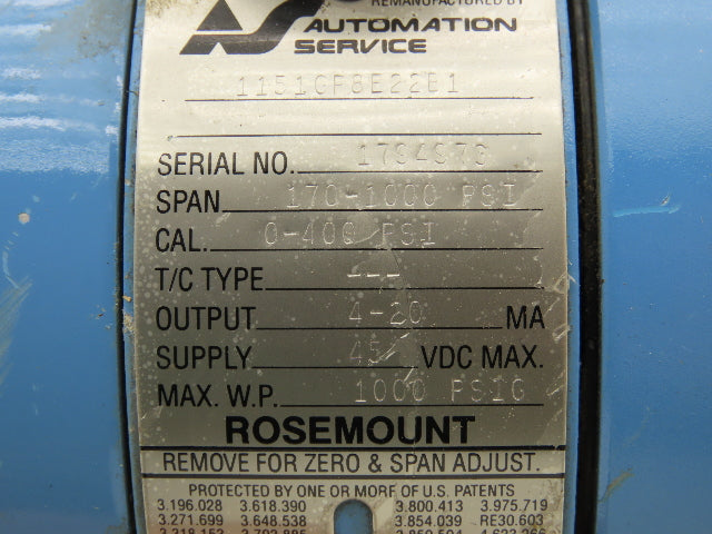 Rosemount M-618SCT316SS 1151GP8E22B1 Pressure Transmitter 45VDC 1000PSI & Valve