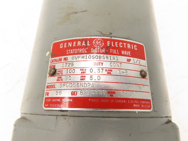 General Electric DC Motor 1/2Hp 1725rpm 90-100VDC 56C Statotrol Full Wave