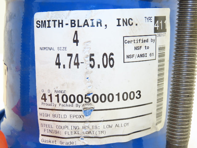 Smith Blair 411 Ductile Iron Pipe Coupler 4" Nominal 4.75-5.06" 4 Bolt