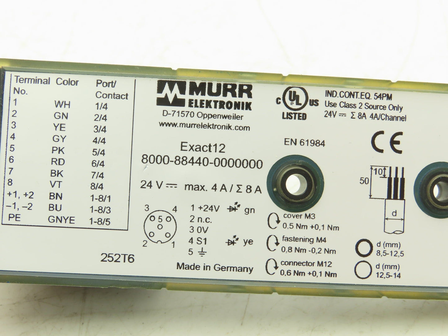 Murr Elektronik MVP12N-VN8F Breakout Box Spring Terminal 24vdc 8 Position M12