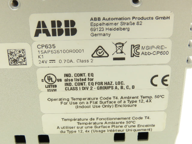 ABB CP635 Display Touch Screen HMI 24VDC 7" 800x480 USB 2.0 Ethernet Serial SD