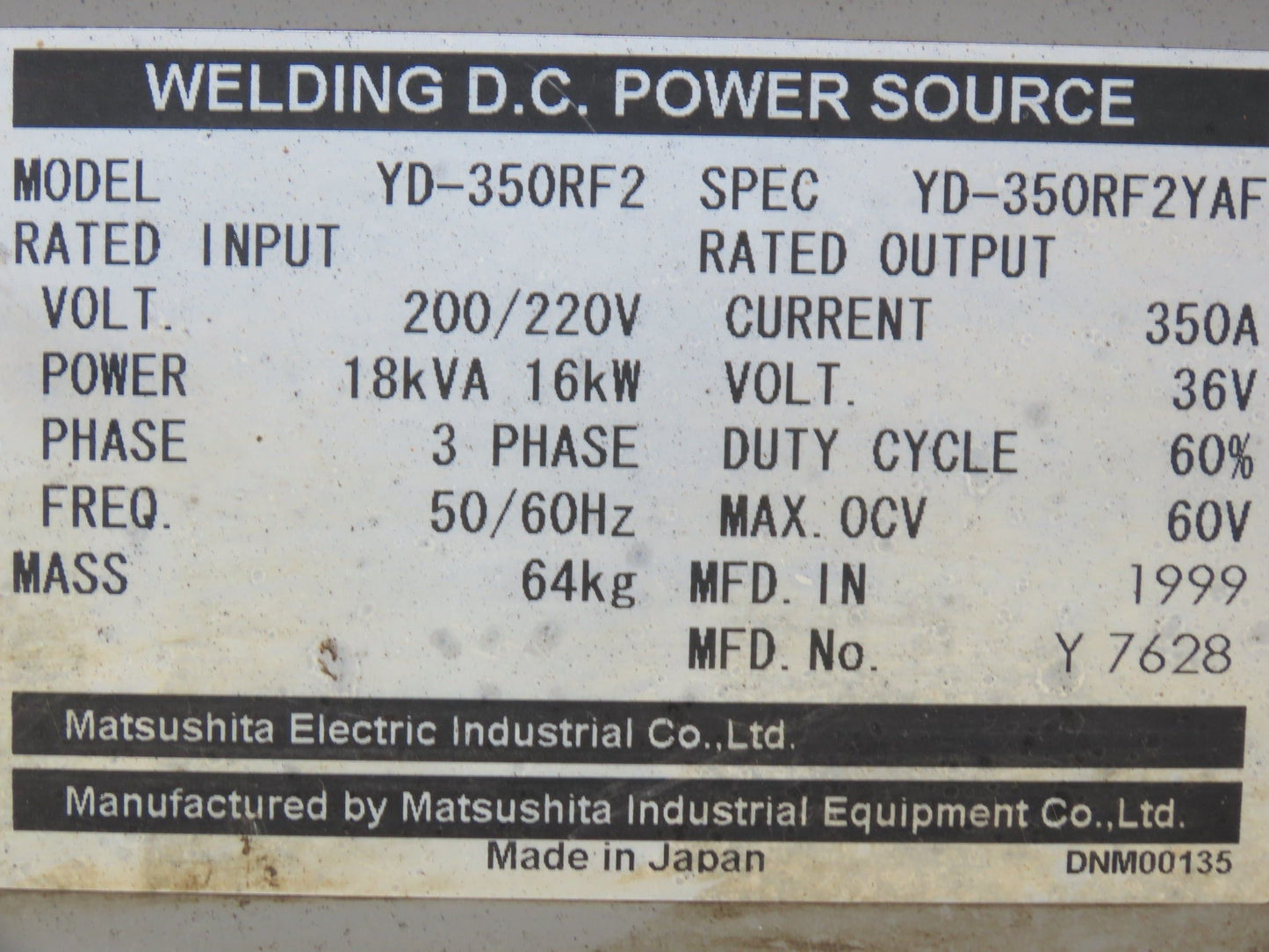 Panasonic YD-350RF2 Pana Star 350A Robot Welding Power Supply 200V 18kva