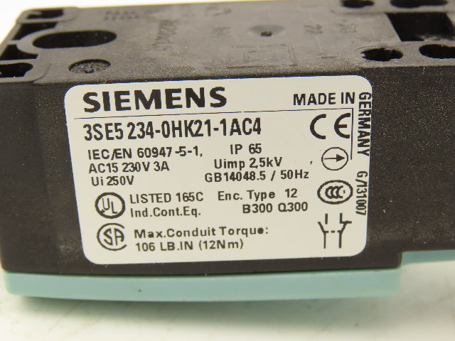 Siemens 3SE5 234-0HK21-1AC4 Limit Switch Roller Arm NO/NC Contacts IP66