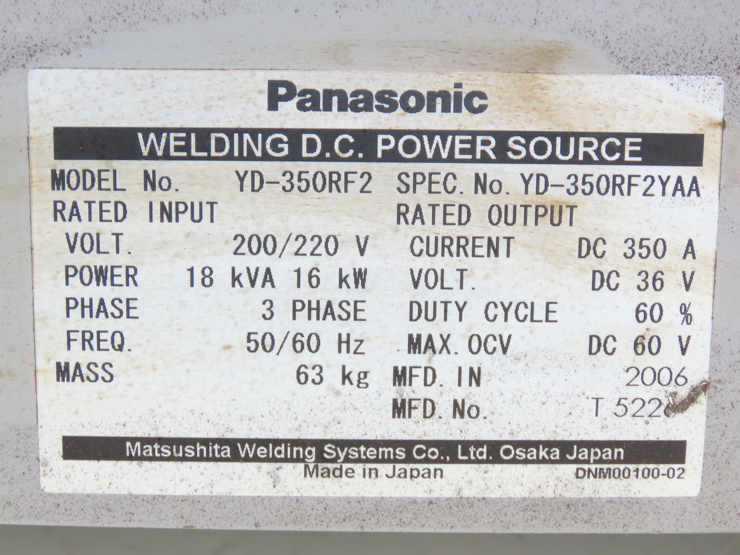 Panasonic YD-350RF2 Pana Star 350A Robot Welding 36V DC Power Source 200V 18kva