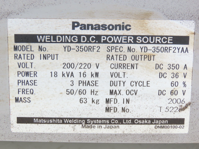 Panasonic YD-350RF2 Pana Star 350A Robot Welding 36V DC Power Source 200V 18kva