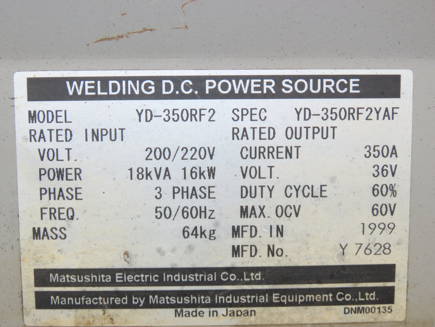 Panasonic YD-350RF2 Pana Star 350A Robot Welding 36V DC Power Source 200V 18kva
