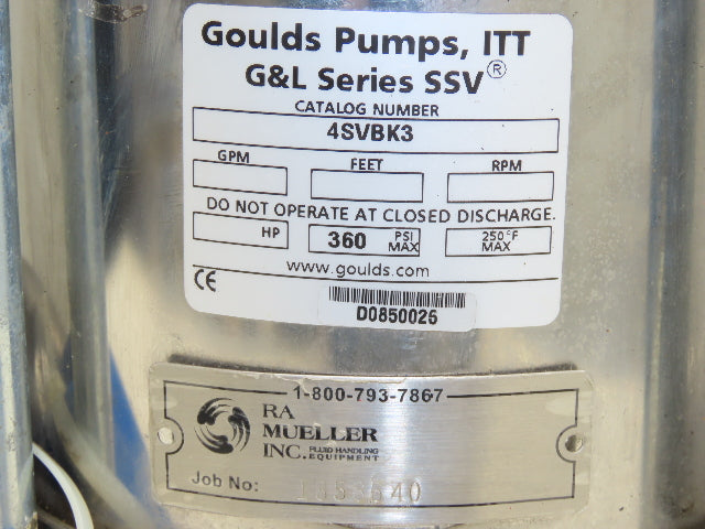 Goulds 4SVBK3 Inline Vertical Centrifugal Pump 2" Flanged 304SS 3/4Hp 230/460V