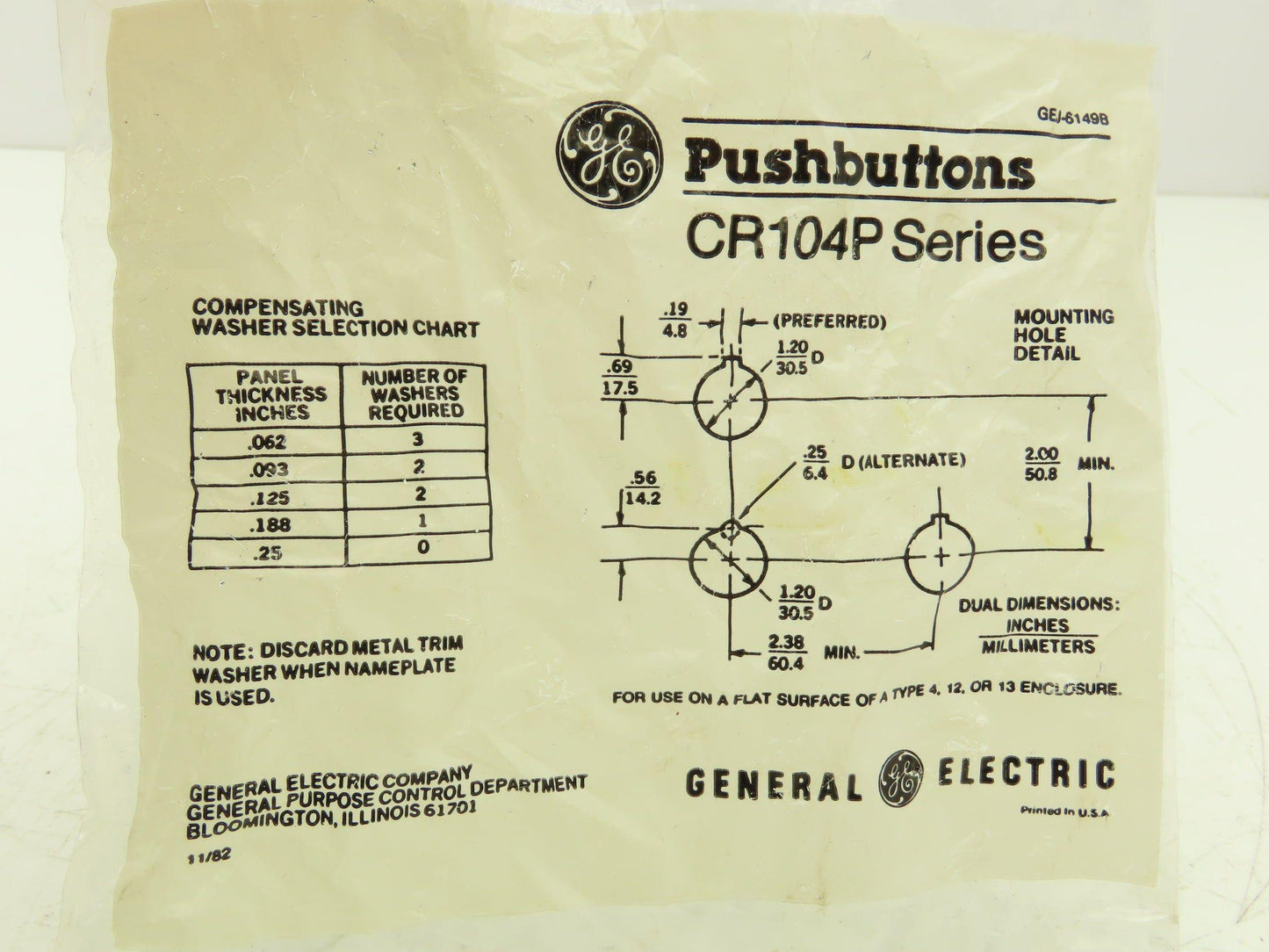 General Electric CR104PBG92A1 Pushbutton Switch Momentary 30mm
