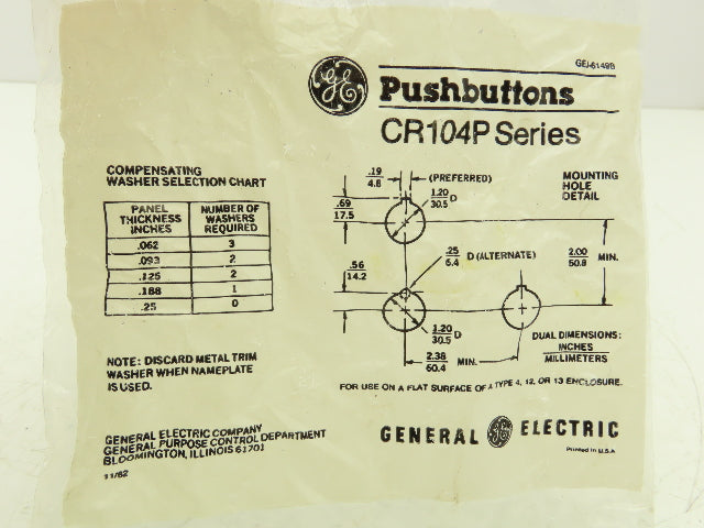 General Electric CR104PBG92A1 Pushbutton Switch Momentary 30mm