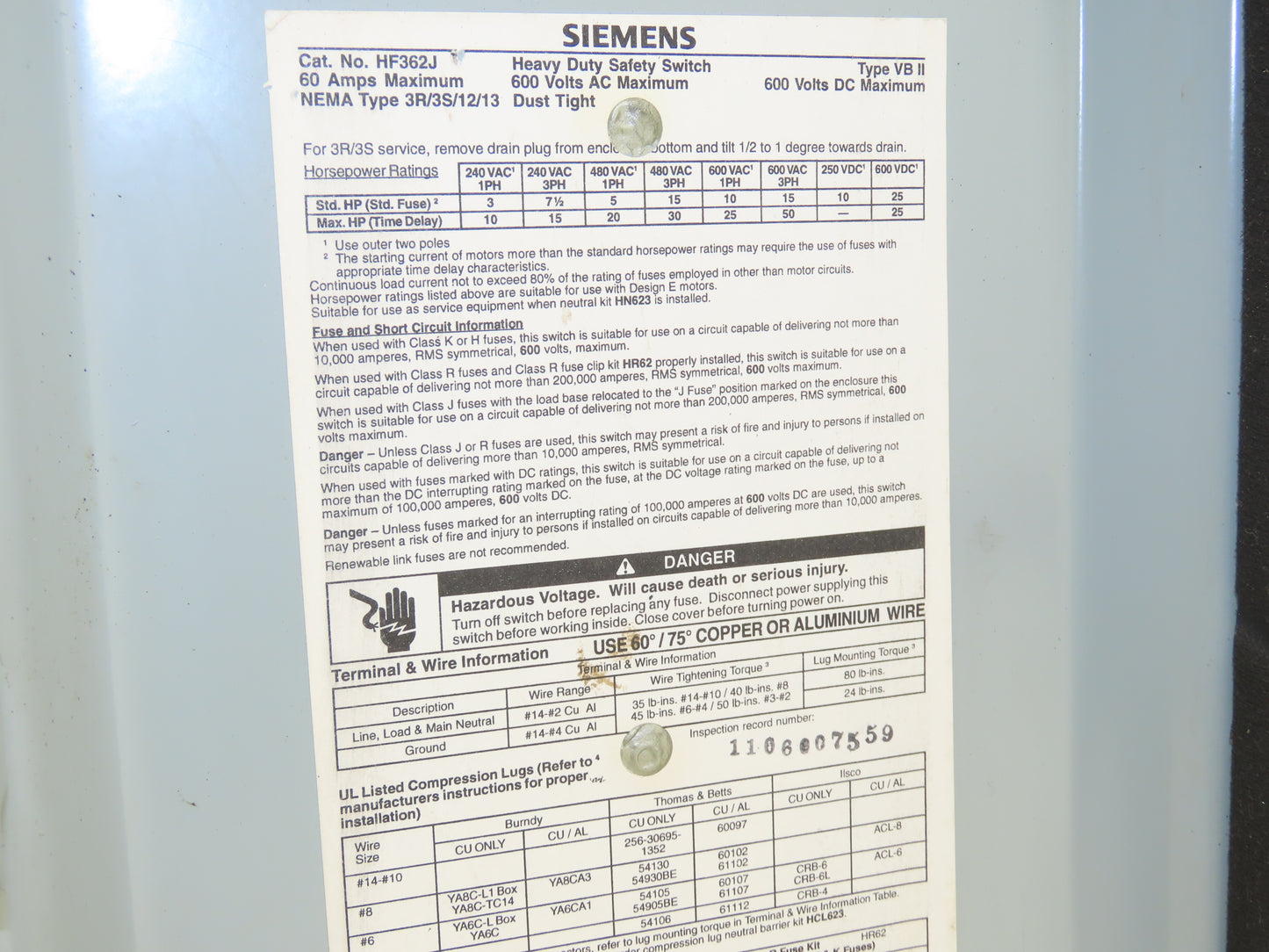 Siemens HF362J Safety Disconnect Switch 60A 3 Pole 600V AC Fusible